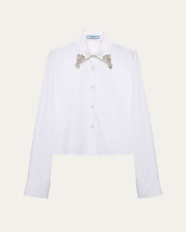 Crystal Collar Button Down Poplin Blouse